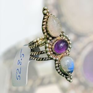 NWT 925 Sterling Silver Rainbow Moonstone, Amethyst, And Rose Quartz Ring